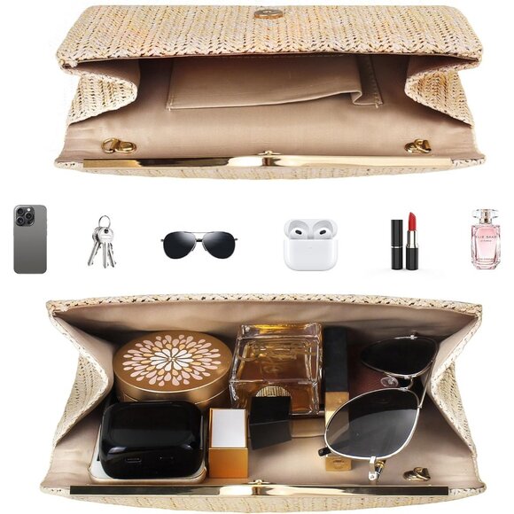 Women's Beige Clutch Purses Sparkling Envelope Evening Bag with Detachable Chain - Picture 5 of 9